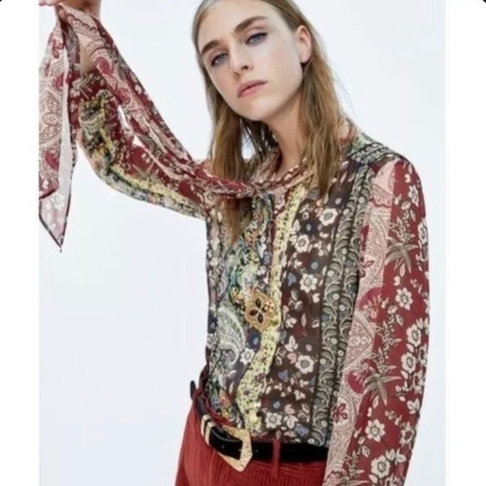 Zara Patchwork Printed Bow Neck Chiffon Long Slee… - image 1